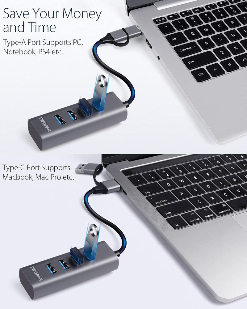 TWOPAN USB to USB Hub & USB C Hub T1-AC, USB C to USB 3.0 High Speed Ports Hub, 4-Port USB 3.0 Hub Adapter for MacBook, Tablet and Smartphone, Space Gray(Gray AC) Gray AC