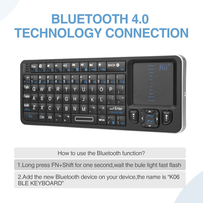 Rii K06 Mini Bluetooth Keyboard,Backlit 2.4GHz Wireless Keyboard with IR Learning, Portable Lightweight with Touchpad Compatible with Android TV Box， Mac, Laptop, Windows (Bluetooth Version)