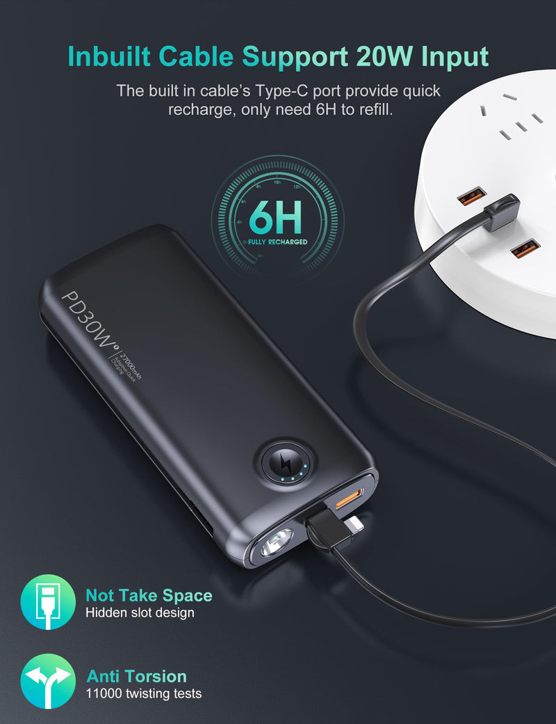 Dpdenoy Portable Charger with Built in Cable, 27000mAh Power Bank QC4.0 22.5W PD3.0 USB C Fast Charging, Phone Battery Pack with 3W Flashlight for iPhone, Samsung, Google, Tablet, and More Black 27000mAh