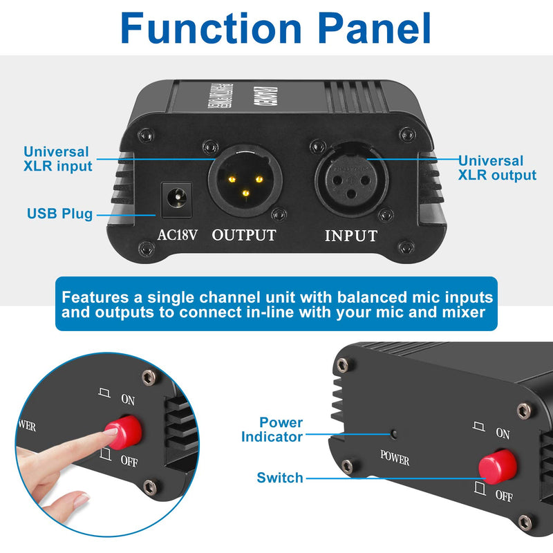 [AUSTRALIA] - Aokeo 1-Channel 48V Phantom Power Supply with Adapter, Bonus+XLR 3 Pin Microphone Cable for Any Condenser Microphone Music Recording Equipment 