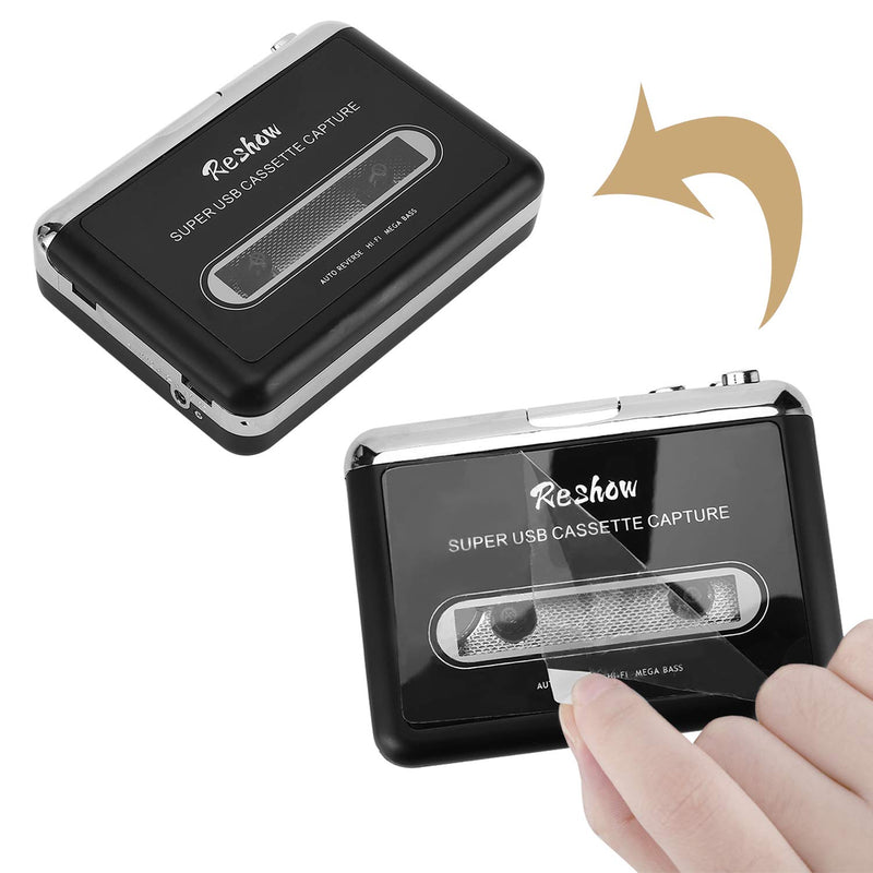 Reshow Cassette Player – Portable Tape Player Captures MP3 Audio Music via USB – Compatible with Laptops and Personal Computers – Convert Walkman Tape Cassettes to Mp3 Format Black