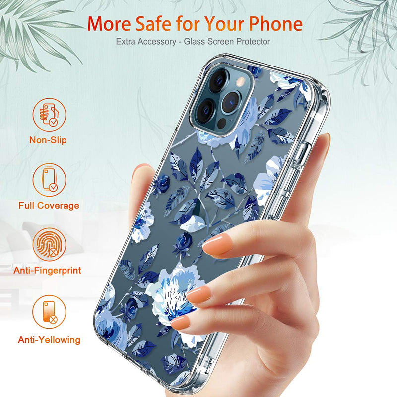 GiiKa for iPhone 12 Pro Max Case with Screen Protector, Clear Full Body Shockproof Protective Floral Girls Women Hard Case with TPU Bumper Cover Phone Case for iPhone 12 Pro Max, Blue Flowers Blue Flowers / Blue