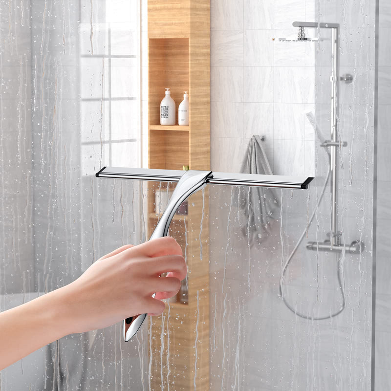 Shower Squeegee for Glass Door 12-Inch Stainless Steel Bathroom Squeegee Window Wiper, 100% Streak-Free, Includes Shower Door Hook and Adhesive Hook, for Window Mirror Tiles Car All-Purpose Squeegee Silver