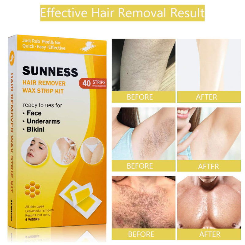 40 Wax Strips Hair Removal for Women with 3 Post Wipes, Cold Waxing Strips Kit for Bikini Face Legs Underarms Brow Brazilian, Facial Hair Remover for Full Body Men Yellow