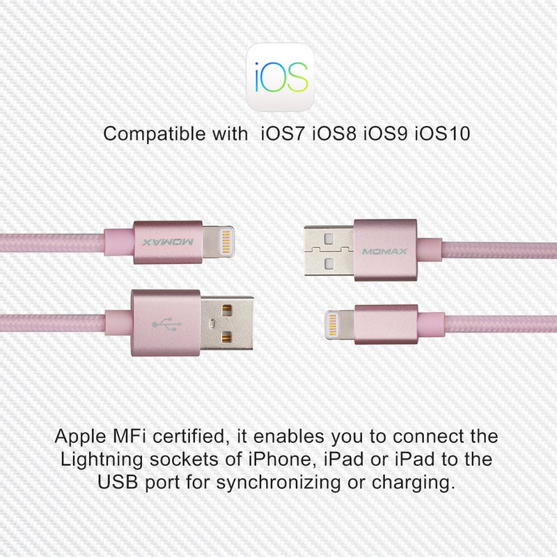 3.3ft Woven Lightning Cable, MOMAX MFi Certified 1m 2.4A Fast Charging Woven Braid Lightning to USB Cable Compatible with iPhone 12/12 Pro/12 Pro Max/11/11 Pro/X/XS/8 Plus/iPad/Airpods (Rose Gold) Rose Gold