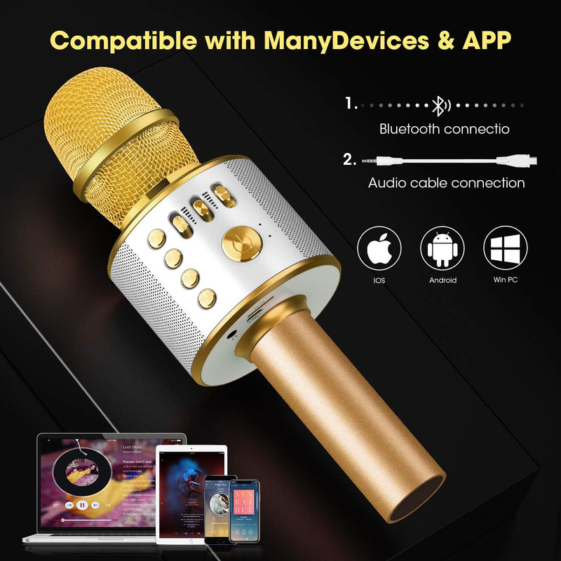 [AUSTRALIA] - Wireless Bluetooth Karaoke Microphone, 4-in-1 Portable Handheld Karaoke Mic Speaker Machine, Christmas Birthday Home Party for Android/iPhone/PC or All Smartphone Gold 