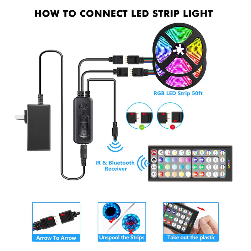 50Ft LED Strip Lights Music Sync Color Changing RGB LED Strip 44-Key Remote, Sensitive Built-in Mic, App Controlled LED Lights Rope Lights, 5050 RGB LED Light Strip(APP+Remote+Mic+3 Button Switch)