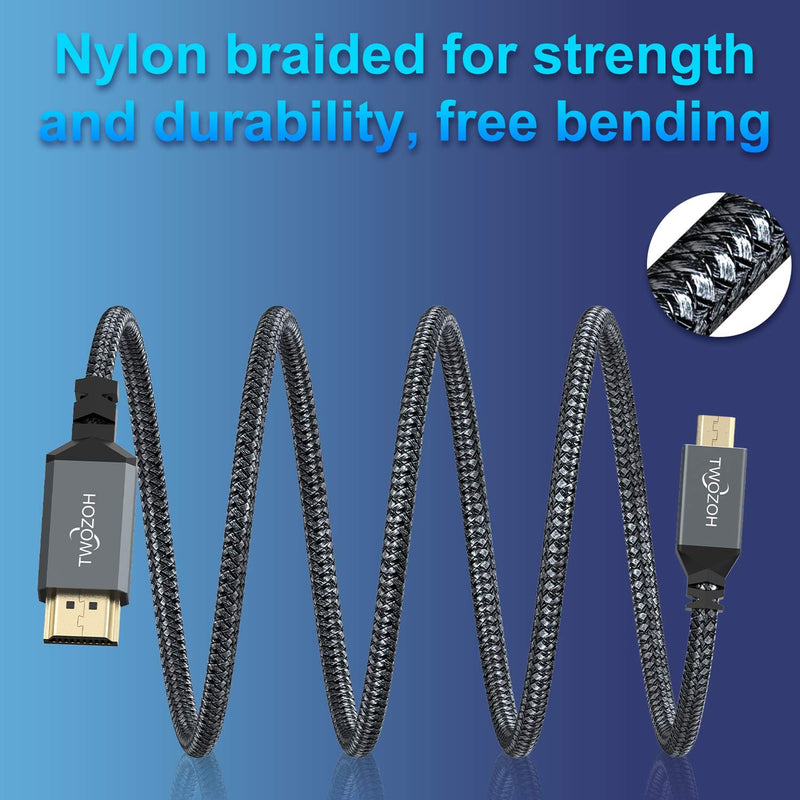 Twozoh 4K Micro HDMI to HDMI Cable 15FT, High-Speed HDMI to Micro HDMI 2.0 Braided Cord Support 3D 4K 60Hz 1080p for GoPro Hero 7, Sony 6300, Nikon B500, Yoga 3