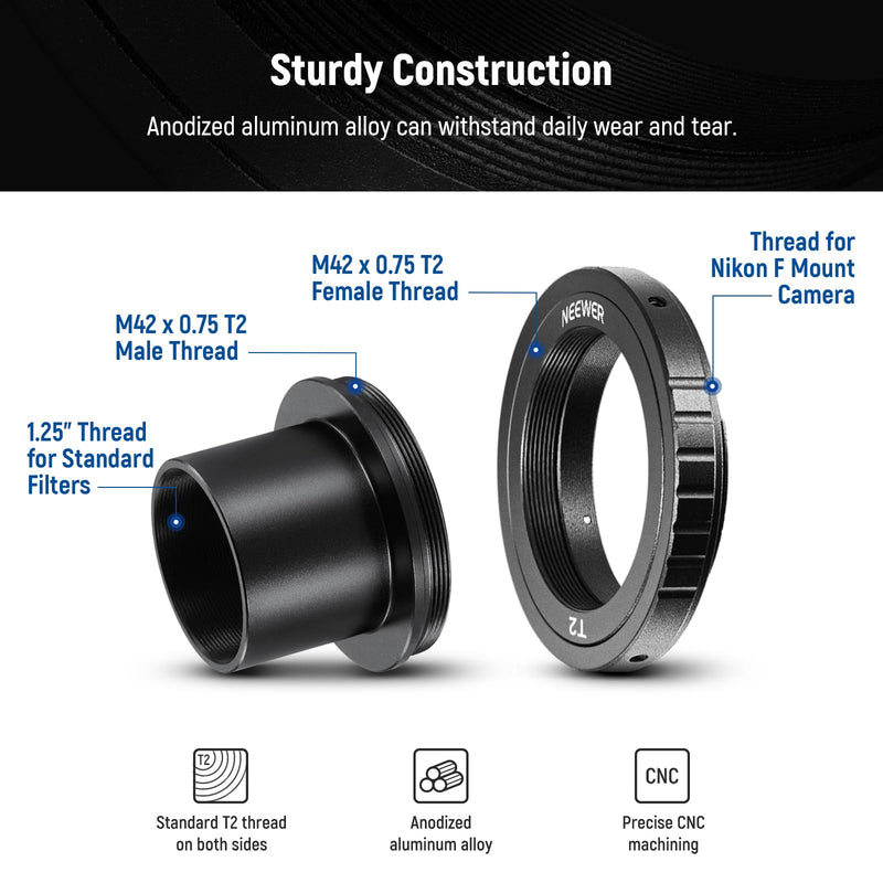 NEEWER T Ring with M42 Threads & 1.25" Telescope Adapter Compatible with Nikon F Mount Cameras & Telescope Eyepieces, Lens Adapter Ring for D850 D750 D500 D780 D7500 D5600 D3500 D5, LA-04