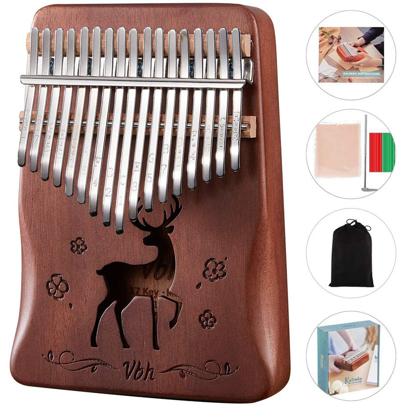 Kalimba Thumb Piano 17 Keys Portable Beginner Piano of Mahogany Wood Kalimba and Professional Finger Piano Gifts for Kids or Adult with Tune Hammer and Study Instruction Coffee sika deer