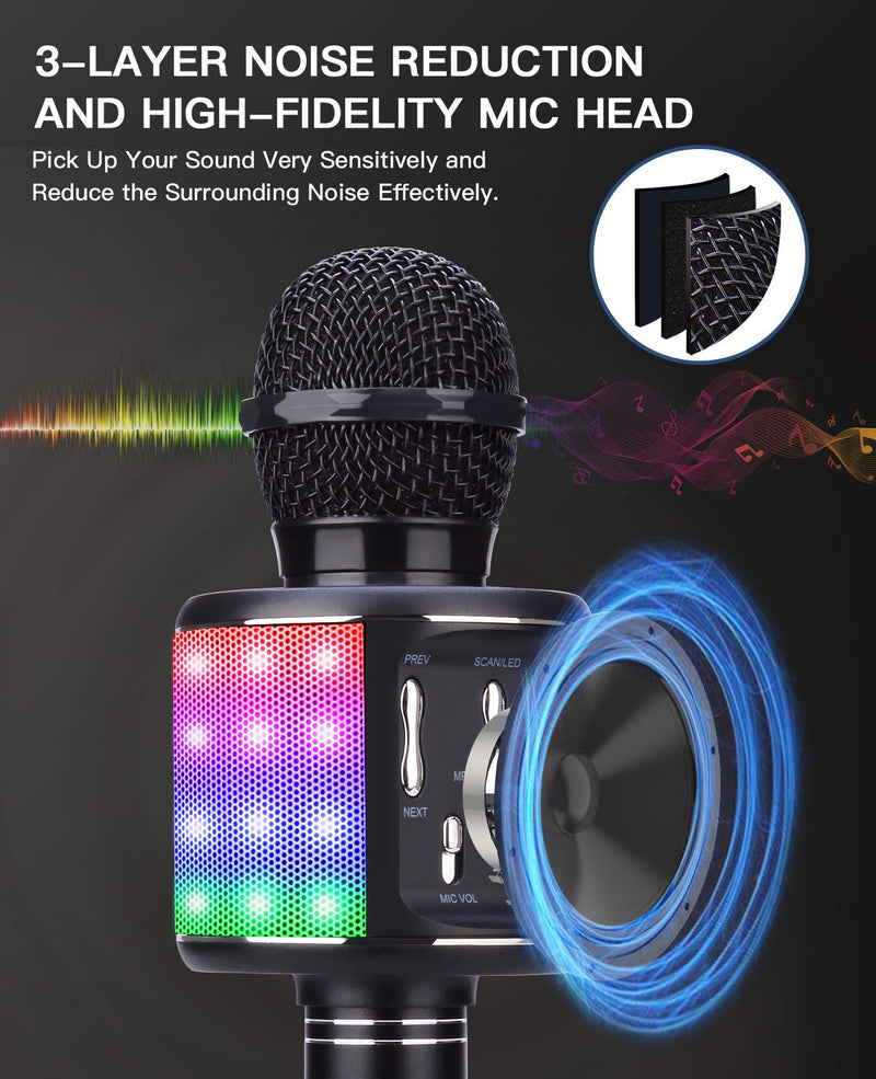 BlueFire Bluetooth Karaoke Wireless Microphone Machine with LED Lights, Portable Microphone for Kids, Gifts Toys for Kids, Girls, Boys and Adults (Black) Black