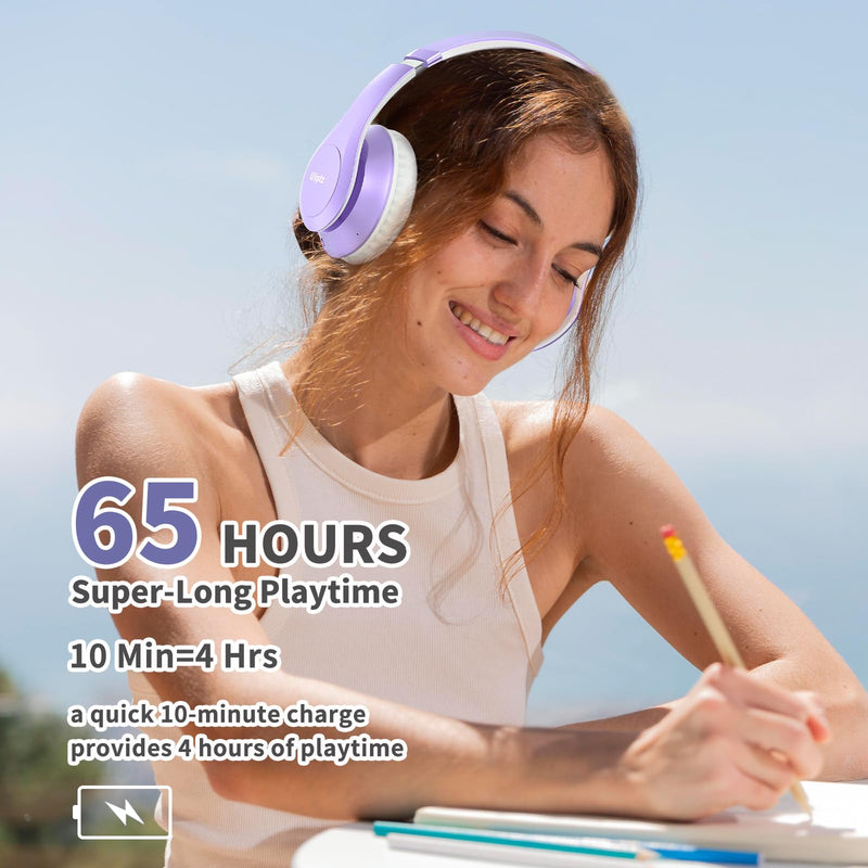 Uliptz Wireless Bluetooth Headphones, 65H Playtime, 6EQ Sound Modes, HiFi Stereo Over Ear Headphones with Microphone, Foldable Bluetooth 5.3 Headphones for Travel/Office/Cellphone/PC (Purple) Purple