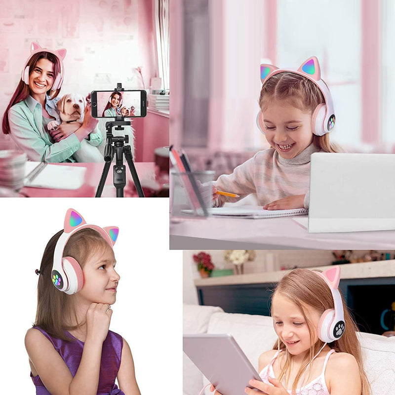 Kids Headphones, TOKANI Bluetooth Wireless Headphones for Kids Teens Adults, Over-Ear Bluetooth Headphones with Microphone, Cat Ear Headphones for Girls Women (Pink)