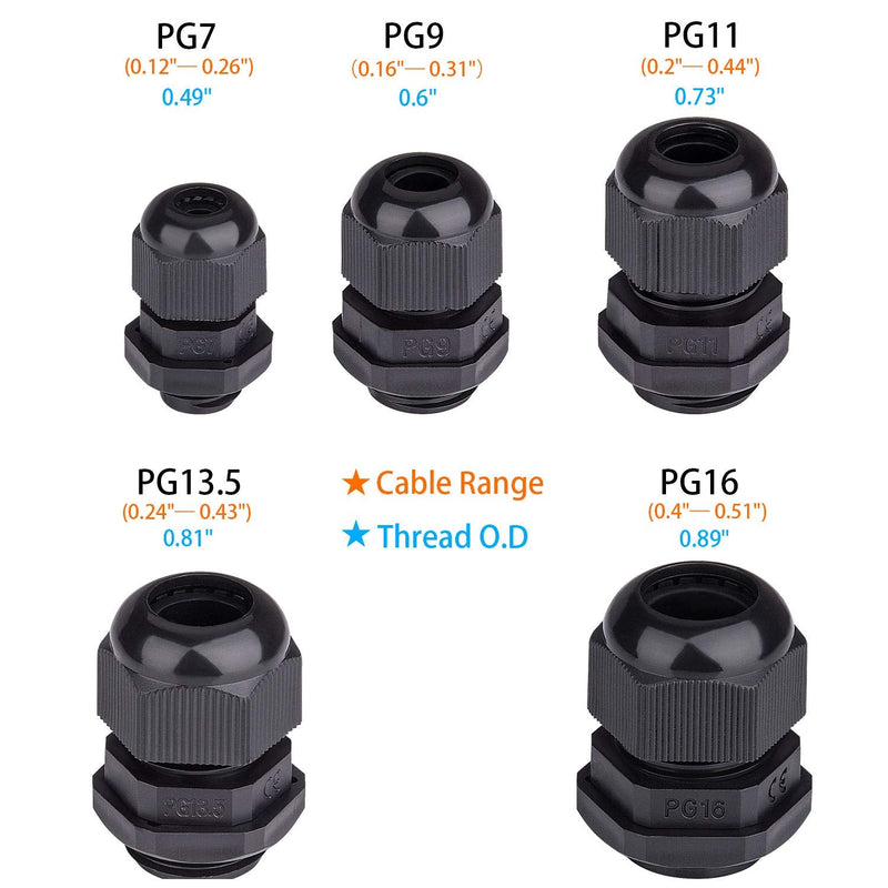 Cable Gland Nylon Plastic Waterproof Adjustable, Cable Glands Joints Wire Protectors- Pg7, Pg9, Pg11, Pg13.5, Pg16 35pcs