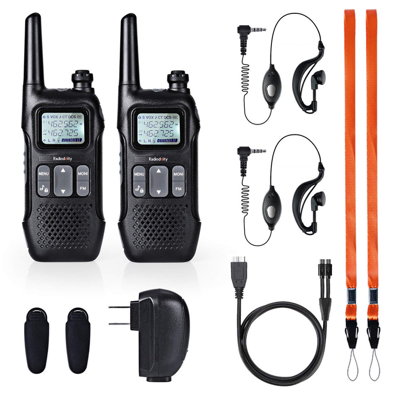 Radioddity FS-T1 FRS Two-Way Radio Long Range License-Free Walkie Talkies NOAA, 22 Channels 154 Privacy Codes with Earpiece, USB Charging, 2 Pack