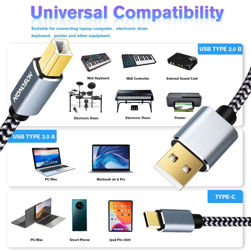 HOSONGIN 10FT 2 in 1 USB C + USB A to USB-B 2.0 MIDI Cable Printer Cable USB Microphone Cable, Nylon Braided, Shielded, Length 10 Feet/3M 2 in 1 [USB-A+USB-C to USB-B]