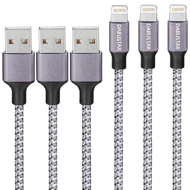 iPhone Charger,6ft 3Pack Lightning Cable DABUSTAR Nylon Braided Extra Long High Speed Data Sync Transfer Fast Charging Cord Compatible with iPhone 12 11 Pro Max XS XR X 8 7 6S 6 Plus SE iPad iPod More Gray