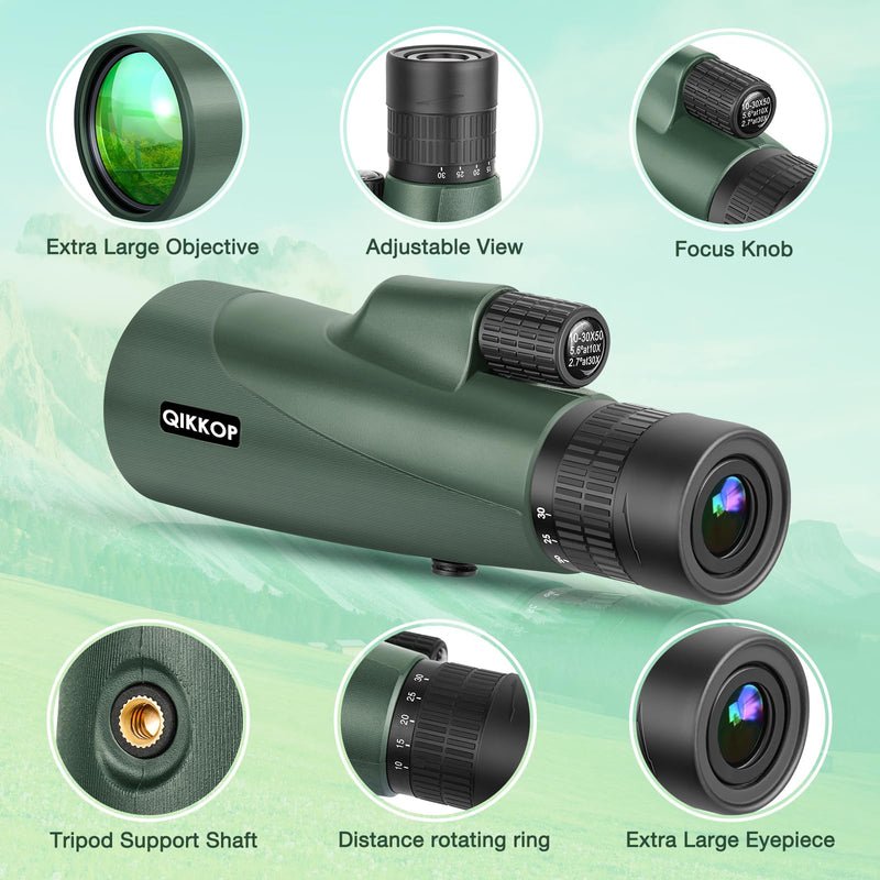 30x50 Zoom Monocular Telescope, High Power Monocular Telescope for Smartphone with Tripod, HD Monocular for Adults, Larger Vision Monocular for Hiking Hunting Stargazing Bird Watching Travel Camping Green