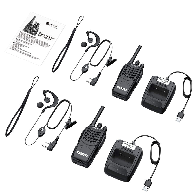 eSynic Rechargeable Walkie Talkies with Earpieces 2pcs Long Range Two-Way Radios 16 Channel UHF USB Cable Charging Walky Talky Handheld Transceiver with Flashlight