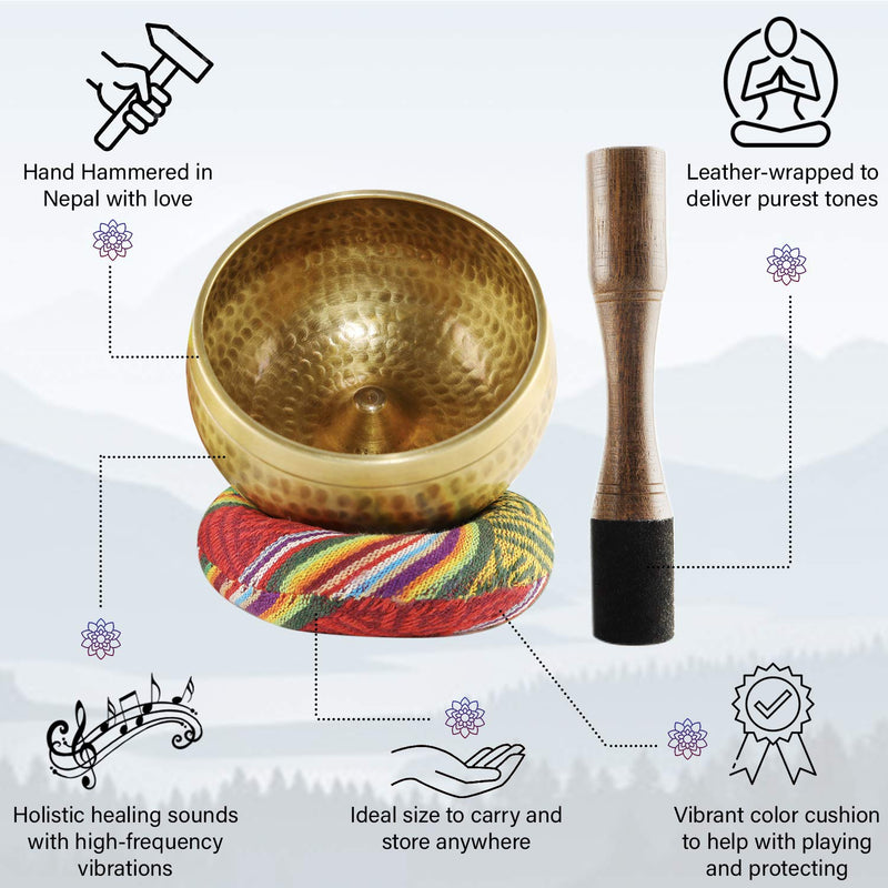 Karma Crafter Authentic Tibetan Singing Bowl From 7 Planets, Lingam Design | 4 x 4.4 x 2.2inches Meditation Sound Bowl, 6 inch Mallet & Cushion for Yoga, Deep Relaxation & Supporting Holistic Healing With Storage Box