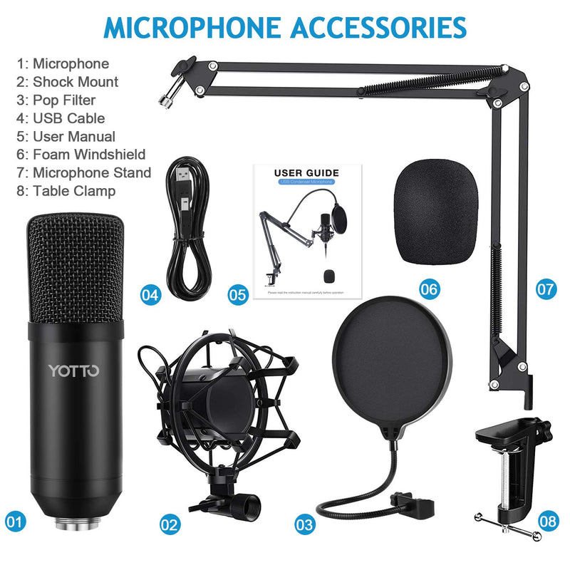 YOTTO USB Microphone Cardioid Condenser Mic 192KHz/24bit Plug and Play Professional Studio Podcast Microphone with Adjustable Microphone Stand Suspension Scissor Boom Arm, Pop Filter, Shock Mount