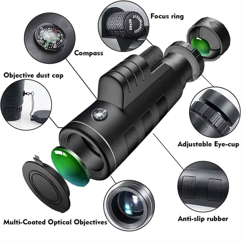 Monocular for Adults High Powered,with Smartphone Adapter & a Tripod Handheld Monocular Telescope,Night Vision Zoom Monocular for Hunting, Star Gazing Star-Scope, Black