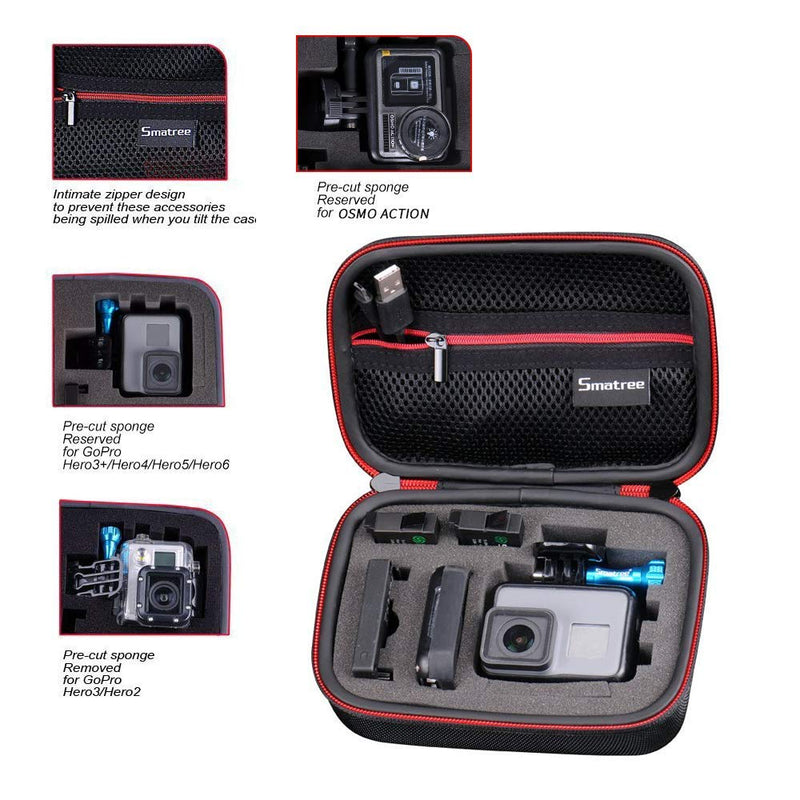 Smatree Carrying Case Compatible for GoPro Hero 8/7/6/5/4/3+/3/2/1/GOPRO HERO (2018)/DJI Osmo Action(Black & Red)-Extra-Small Black