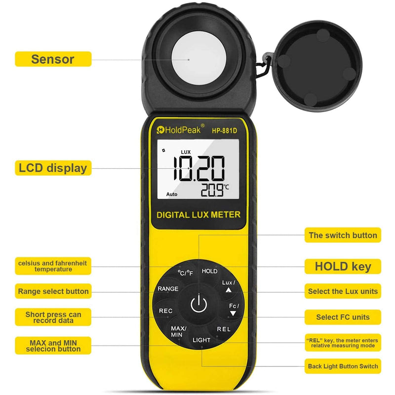 [AUSTRALIA] - Light Meter HOLDPEAK HP-881D Digital Lux Meter 0.01-400,000 Lux /1-40,000 FC Measuring Ranges and 270° Rotatable Detector for LED Lights and Plants Lumen Meter Y-HP-881D(0.01-400,000 Lux /1-40,000 FC) 