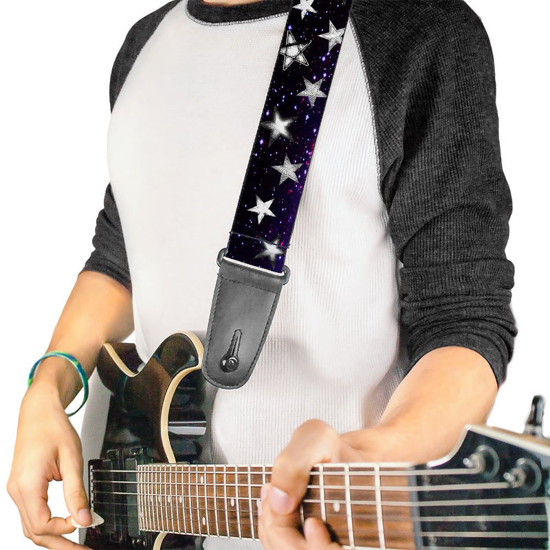 Guitar Strap Glowing Stars In Space Black Purple White 2 Inches Wide