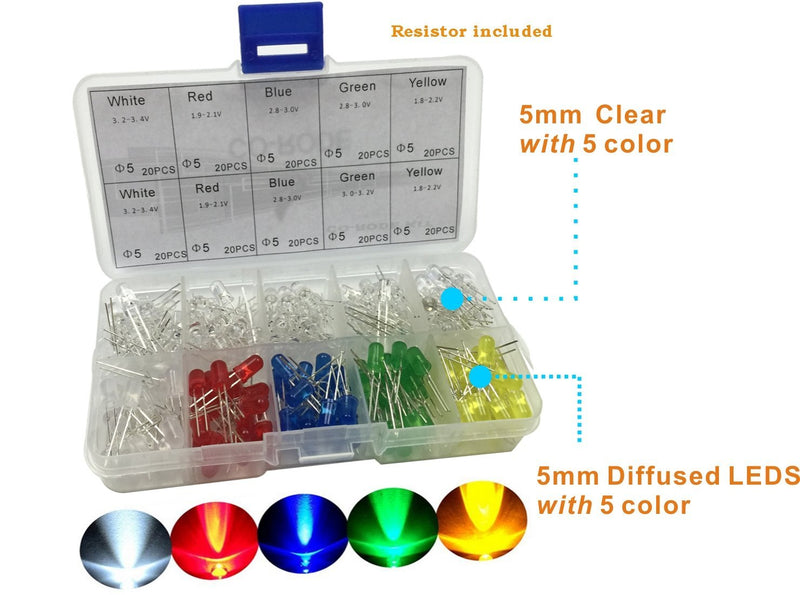 5 Colors 5mm Assorted Clear LED Light Emitting Diodes Pack of 300 (200pcs LED Bulb and 100pcs 200Ohm Resistors)