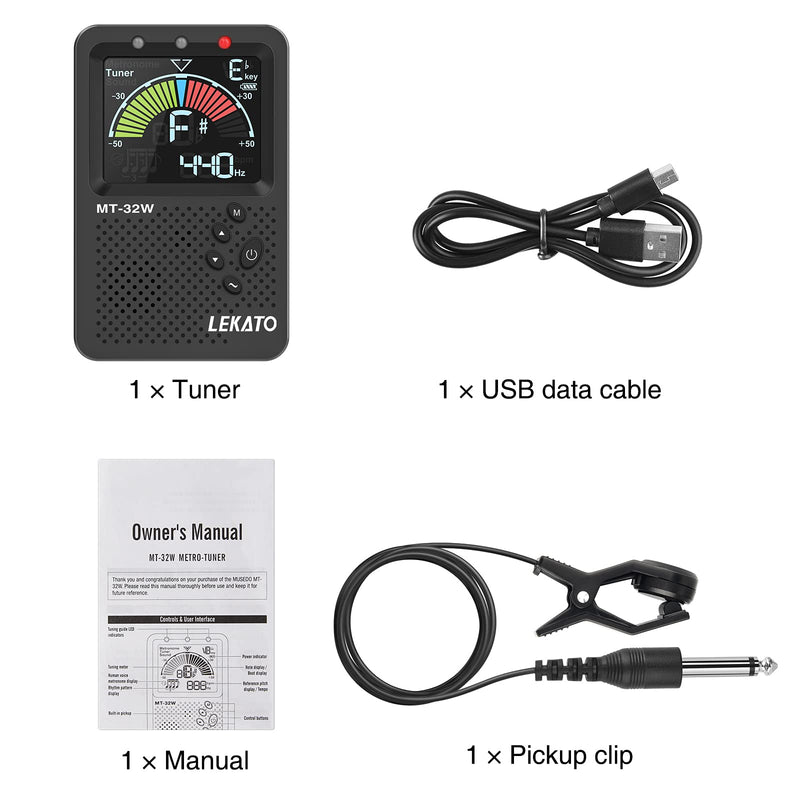 LEKATO Metronome Tuner, Rechargeable 3 In 1 Digital Tuner Metronome Tone Generator for Guitar, Bass, Violin, Ukulele Chromatic Multifunction Tuner for All Instruments Metronome with Human Voice Beat Black