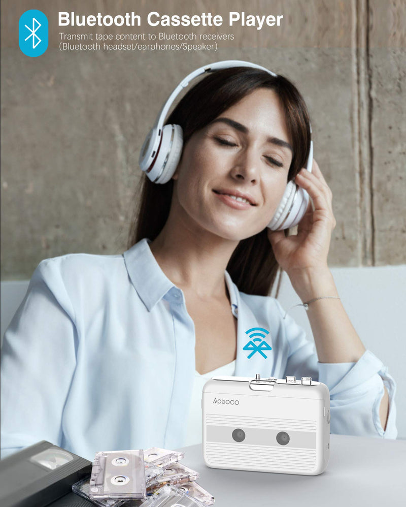 AOBOCO Bluetooth Cassette Player, Tape Player With Headphone Portable Walkman Bluetooth Receiver and Transmitter 3.5mm Jack FM Radio, Auto- reverse, 2 Power Ways white