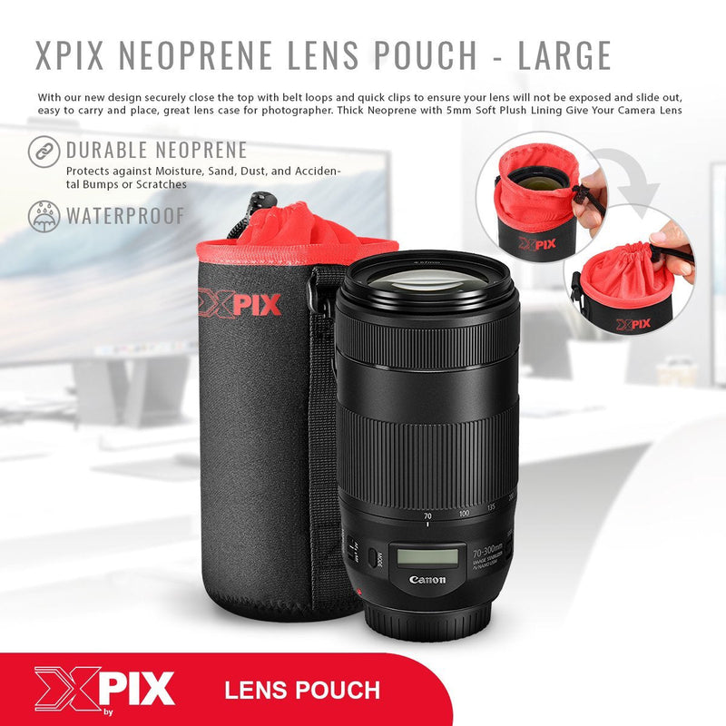 Xpix Deluxe Protector Neoprene DSLR Lens Pouch Kit (3 Pack) for Canon, Nikon, Pentax, Sony, Olympus, Panasonic, and More with Small, Medium, Large Pouches & Fibertique Cloth