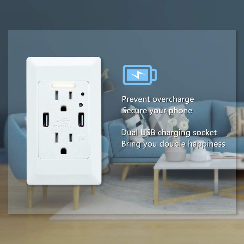 NineLeaf 4.2A LED Night Light Outlet Wall Adapter with 2 AC Outlets and 2 USB Ports Light Sensor Portable for Home White fast charging 2 Packs