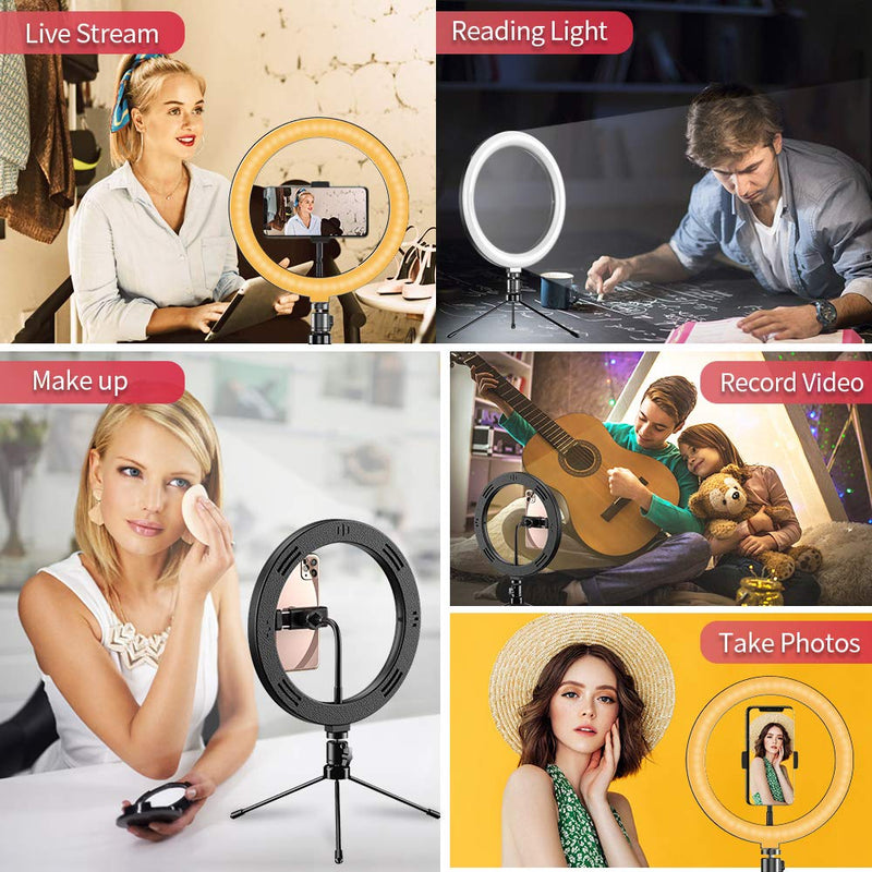 Apexel 10" Selfie LED Desk Ring Light with Adjustable Tripod Stand,3 Modes 10 Brightness Levels,LED Ring Light with Phone Holder for Vlog,Live Steaming,YouTube Video,Self-Portrait Shooting