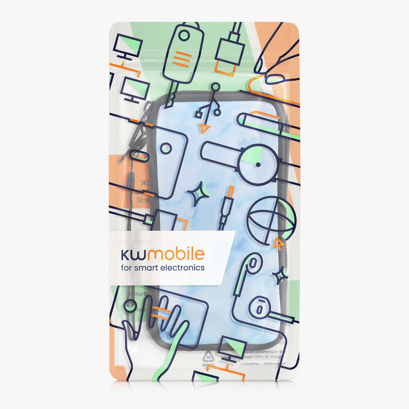 kwmobile Neoprene Sleeve for Smartphone Size XL - 6.7/6.8" - Shock Absorbing Pouch Case - Protective Phone Bag - Marble White/Blue/Light Blue Marble 02-04-23