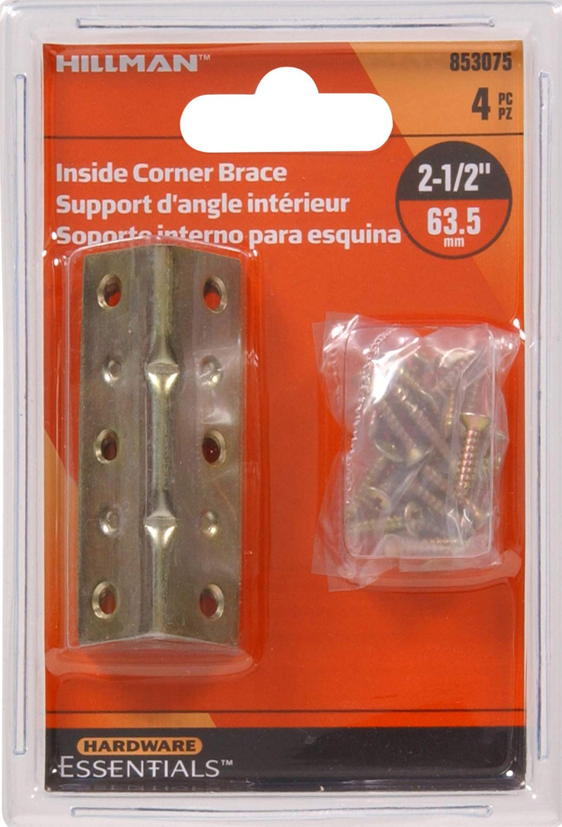 The Hillman Group 853075 Zinc and Yellow Dichromate Inside Corner Brace, 2-1/2" x 3/4"