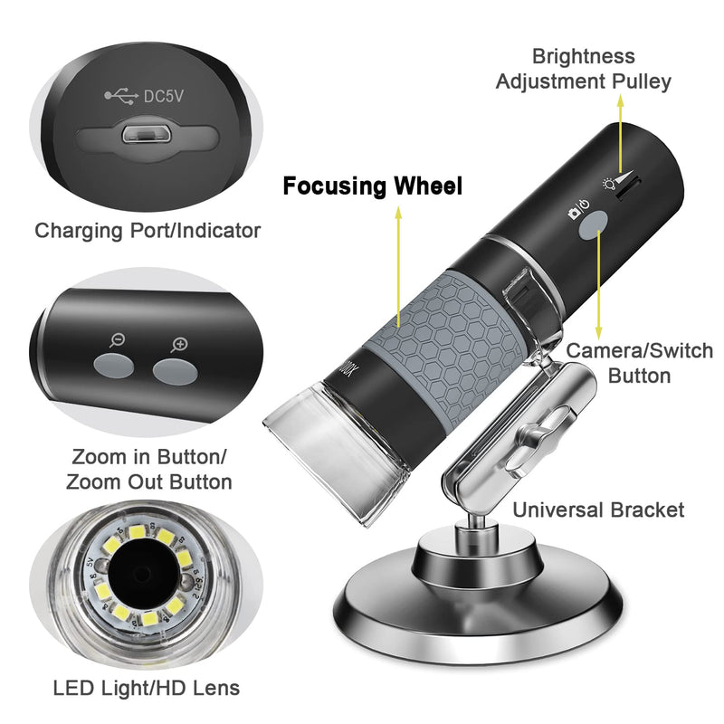 Bysameyee USB Microscope, Digital Handheld 40X-1000X Magnification Endoscope Mini Video Camera with 8 Adjustable LED Lights, Compatible with Windows 7/8/10/11 Mac Linux Android (Wireless Microscope)