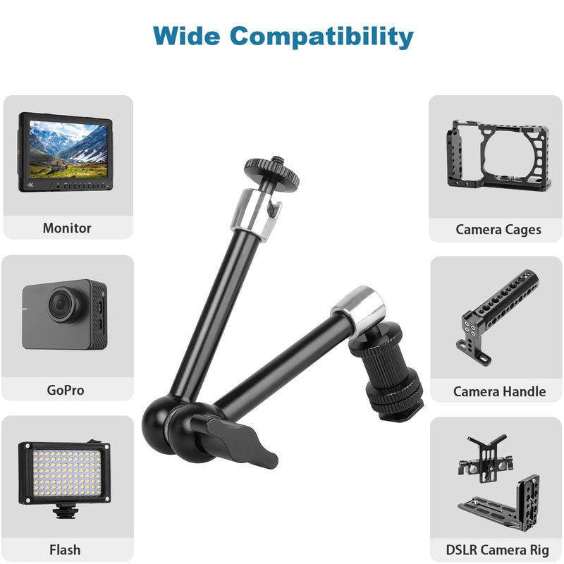 ChromLives 11 Inch Magic Arm Adjustable Articulating Friction Camera Arm W/ 1/4" Thread Screw and Hot Shoe Mount Compatible with DSLR Camera Rig, LED Lights, Flash Light, LCD Monitor Steel Magic Arm