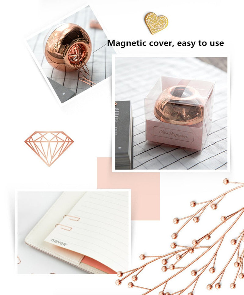 MultiBey NE0600607 Light Luxury Fashion Paper Clips, Rose Gold Edition, In Round Paper Clip Holder With Magnetic Lid, 28 mm, 100 Piece Per Box