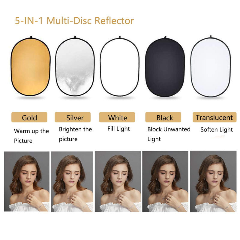 Photo Light Reflector 24x36 Inches/ 60x90 cm 5 in 1 Diffuser Photography Collapsible with Bag for Studio Outdoor Lighting, Translucent, Silver, Gold, White and Black