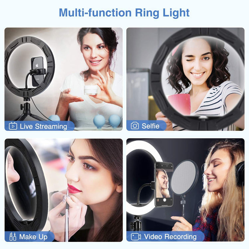 10" Selfie Ring Light with Tripod Stand & Cell Phone Holder, Dimmable Desktop LED Circle Light for Live Streaming/Makeup/YouTube, Video conferencing Compatible with iOS and Android Phones