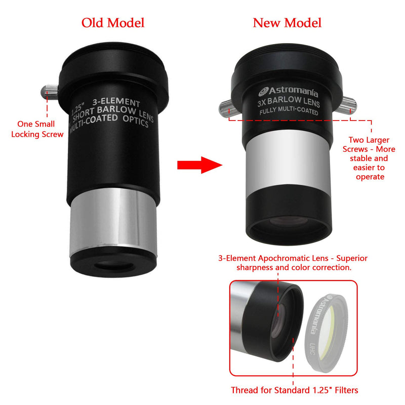 Astromania 1.25" 3X Short Focus Barlow Lens for Telescope Eyepiece - Superior Sharpness and Color Correction