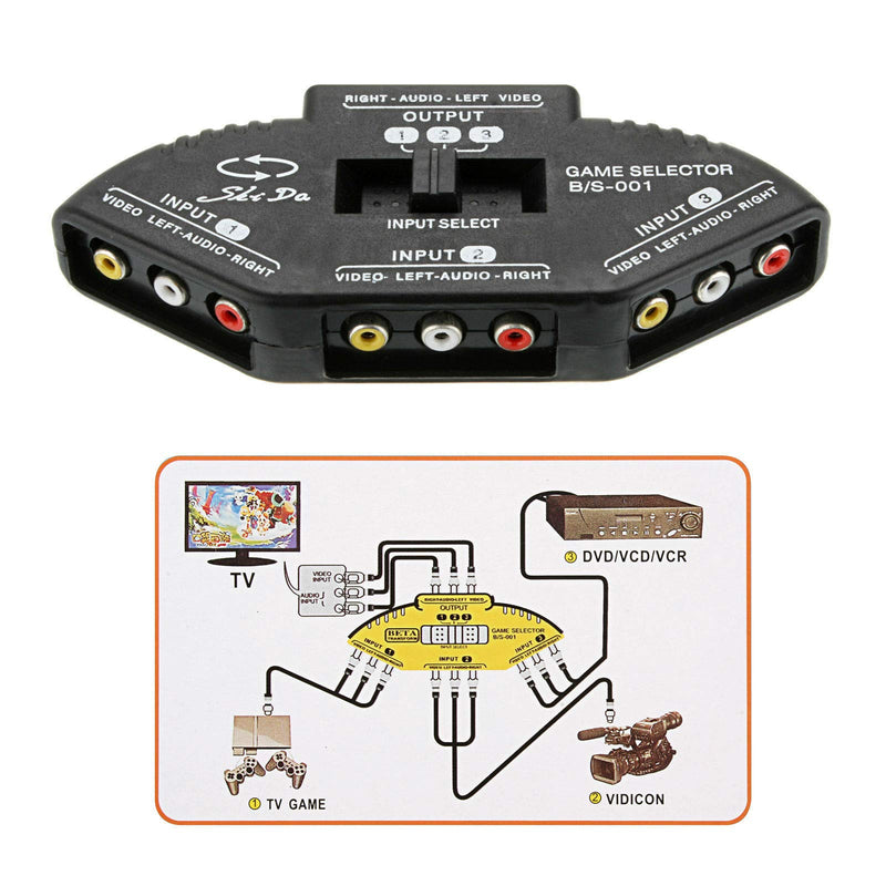 Generic 3 Way Audio Video RCA Switch Selector Splitter Box AV Patch Cable for Connecting 3 RCA Output Devices to TV