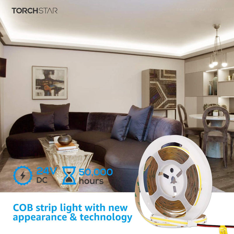 [AUSTRALIA] - TORCHSTAR LED Strip Lights, 528 LEDs COB Uniform Glow Bendable Tape Lights, 10mm Width 16.4 ft Cuttable Night Light, 4000K, 3W/ft, UL Listed, Flexible Cabinet Rope Lighting for Bookcase, Counter 