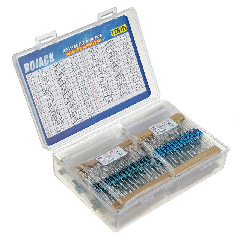 BOJACK 1000 Pcs 25 Values Resistor Kit 1 Ohm-1M Ohm with 1% 1/2W Metal Film Resistors Assortment 1/2 W