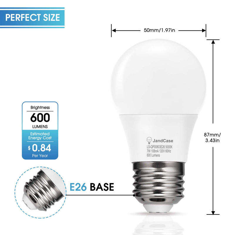 JandCase 7W Refrigerator Light Bulb, A15 LED Bulb, 60 Watt Equivalent, Daylight White 5000K, 600LM, Waterproof Appliance Fridge Light Bulb, Ceiling Fan, Non-Dimmable, UL Listed, E26 Base, 2 Pack 7 Watts