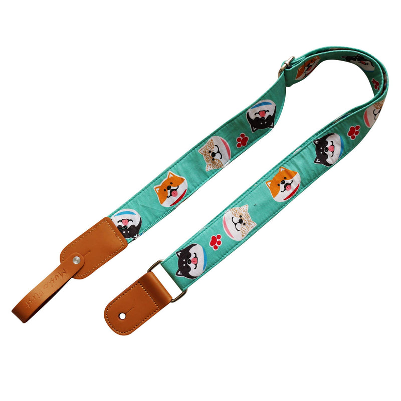 MUSIC FIRST Original Design Turquoise/Mint “Mint Shiba Inu Dog” Soft Cotton & Genuine Leather Ukulele Strap Ukulele Shoulder Strap With a MUSIC FIRST Genuine Leather Strap Locker