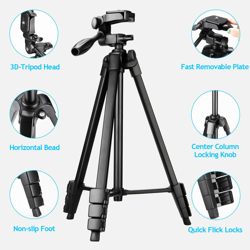 Lusweimi Tripod for iPhone/Camera, 55-Inch Selfie Phone Tripod Stand with Bluetooth Remote&2 Phone Holders, Aluminum Lightweight Tripod Bag for Video/Vlog/Photography/Nikon/Canon/Sony Mirrorless