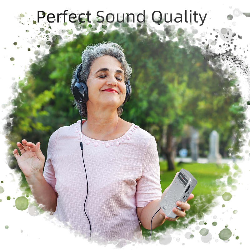 PRUNUS J-166 Portable Radio AM FM, Battery Operated Radio with Tuning Light, Back Clip, Excellent Reception for Indoor & Outdoor & Emergency Radio, AM FM Radio Portable, Transistor Radio Silver
